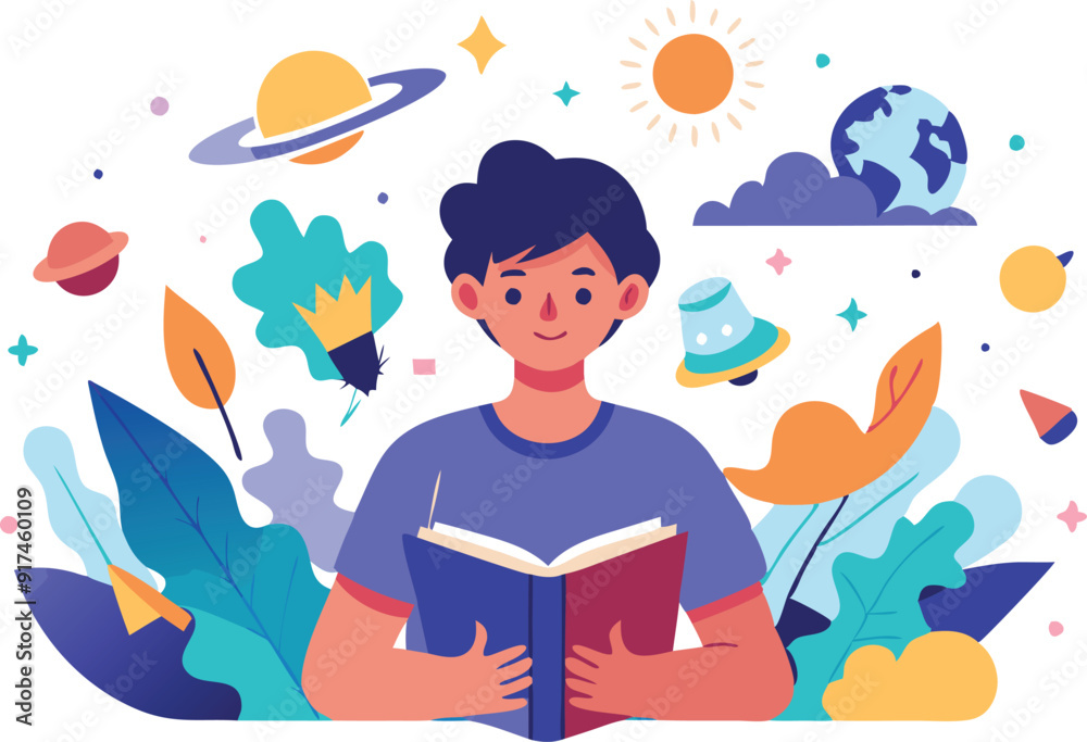A boy enjoys reading a book amidst vibrant planets and lush foliage in a creative illustration. A boy enjoys reading a book amidst vibrant planets and lush foliage in a creative illustration.