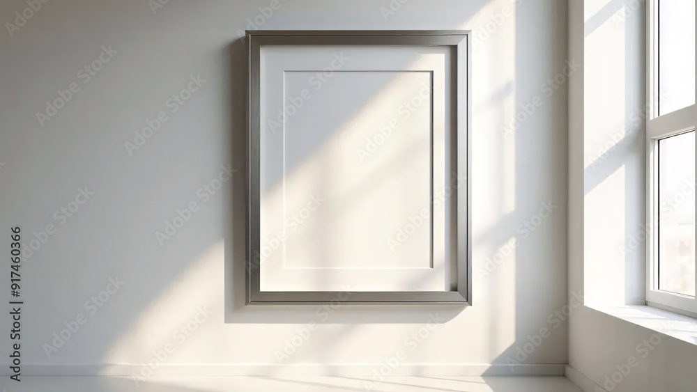 White wall with empty floating picture frame, minimalist style, clean backdrop, modern decor, simple design, neutral setting White wall with empty floating picture frame, minimalist style, clean backdrop, modern decor, simple design, neutral setting