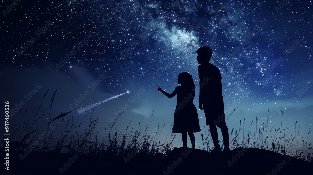 Woman and man watching the stars. Couple in love watching a falling star. Silhouettes of a boy and a girl against the starry night sky, romantic illustration. Woman and man watching the stars. Couple in love watching a falling star. Silhouettes of a boy and a girl against the starry night sky, romantic illustration.