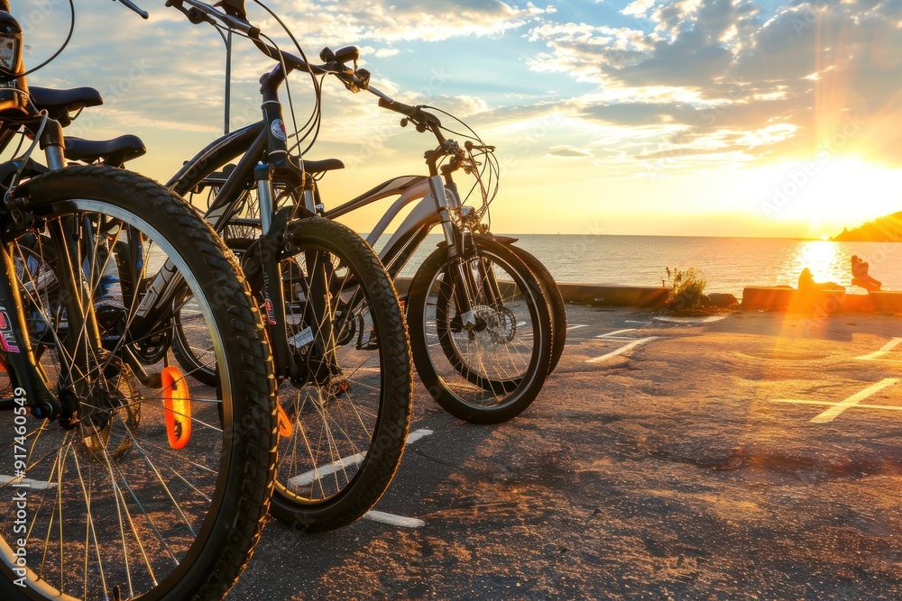 Fototapeta premium Bicycles lined up near the sea at sunset, highlighting outdoor recreation and nature's beauty.