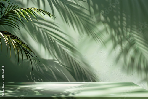 green background with tropical leaves and their shadow on the walls. empty studio for presentation. product demonstration