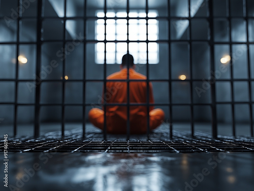 A solitary prisoner in an orange jumpsuit sits cross-legged on the floor of a dimly lit cell, surrounded by a metal grid, reflecting on their confinement photo