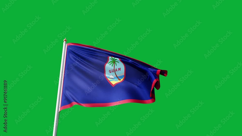 Flag of Guam on a green screen, flag on a flag pole waving in the wind, Asian island in Oceania, national symbol of Guam, video of a flag