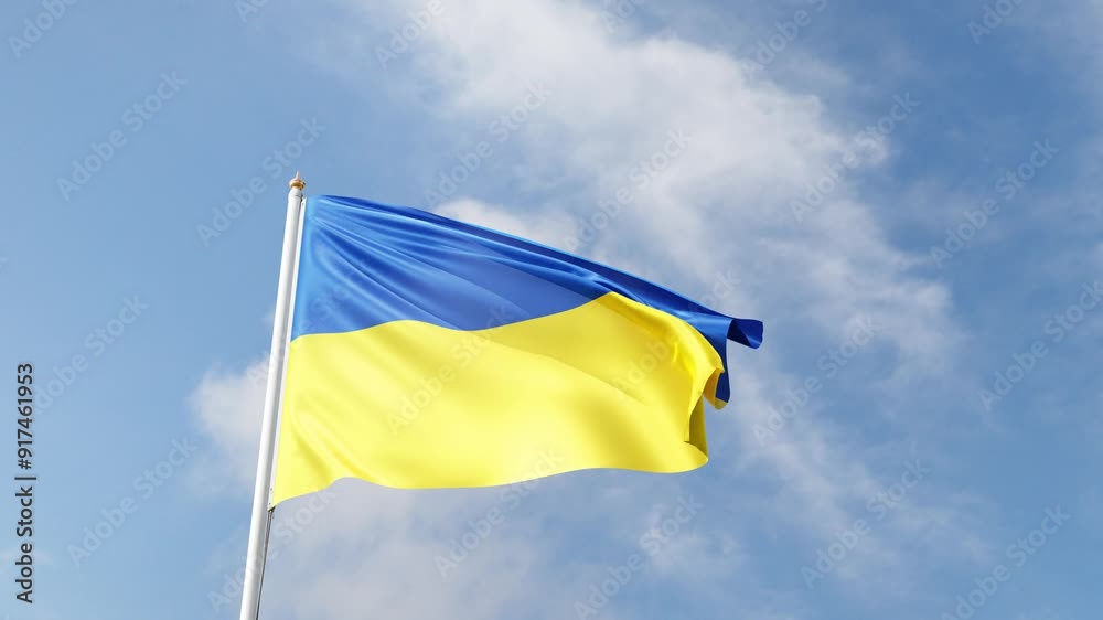 Flag of Ukraine on a blue sky, flag on a flag pole waving in the wind, est european country, national symbol of Ukraine, video of a flag