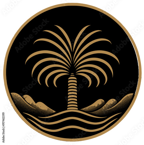 Elegant gold palm tree icon set against a black circular background, symbolizing luxury and tropical paradise, perfect for logos, branding, or decorative purposes with sophisticated minimalist style