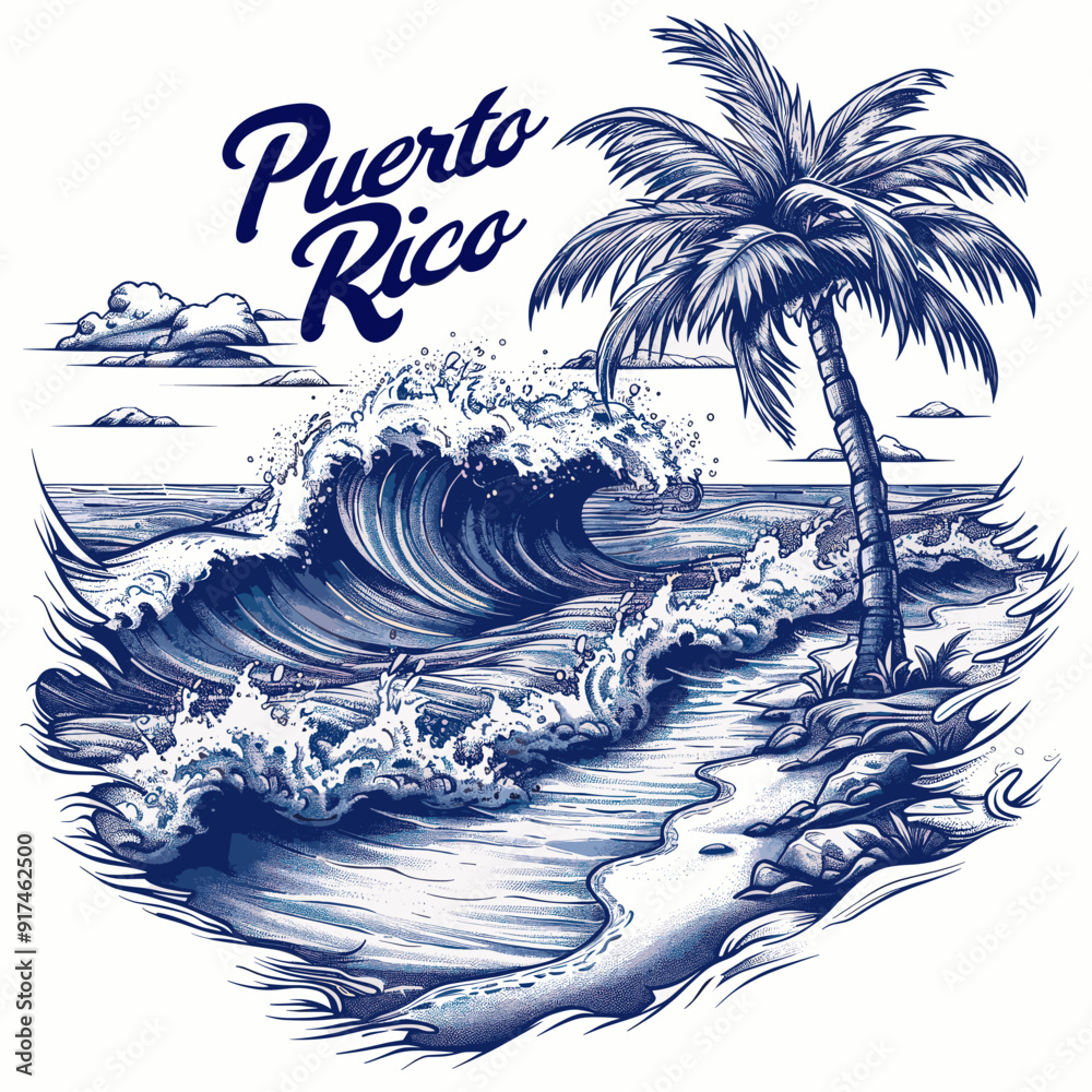Vintage-style Puerto Rico beach scene with a powerful wave crashing, a lone palm tree, and cursive text, capturing the tropical beauty and dynamic surf of the island, ideal for travel posters 