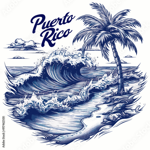 Vintage-style Puerto Rico beach scene with a powerful wave crashing, a lone palm tree, and cursive text, capturing the tropical beauty and dynamic surf of the island, ideal for travel posters 