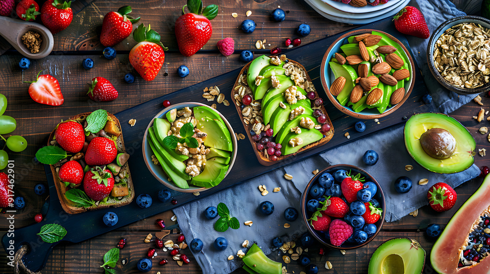 Fototapeta premium healthy food table top view featuring avocado toast, fresh fruits like strawberries and blueberries, bowls of yogurt with granola and nuts, directly above view, all arranged on a rustic wooden table.