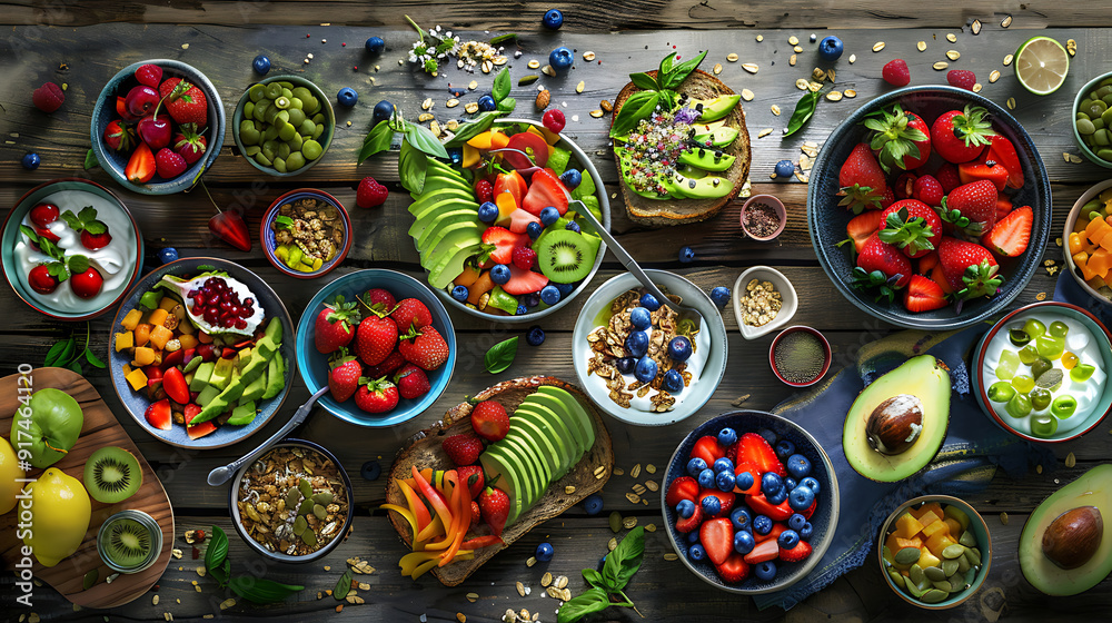 healthy food table top view featuring avocado toast, fresh fruits like strawberries and blueberries, bowls of yogurt with granola and nuts, directly above view, all arranged on a rustic wooden table. healthy food table top view featuring avocado toast, fresh fruits like strawberries and blueberries, bowls of yogurt with granola and nuts, directly above view, all arranged on a rustic wooden table.