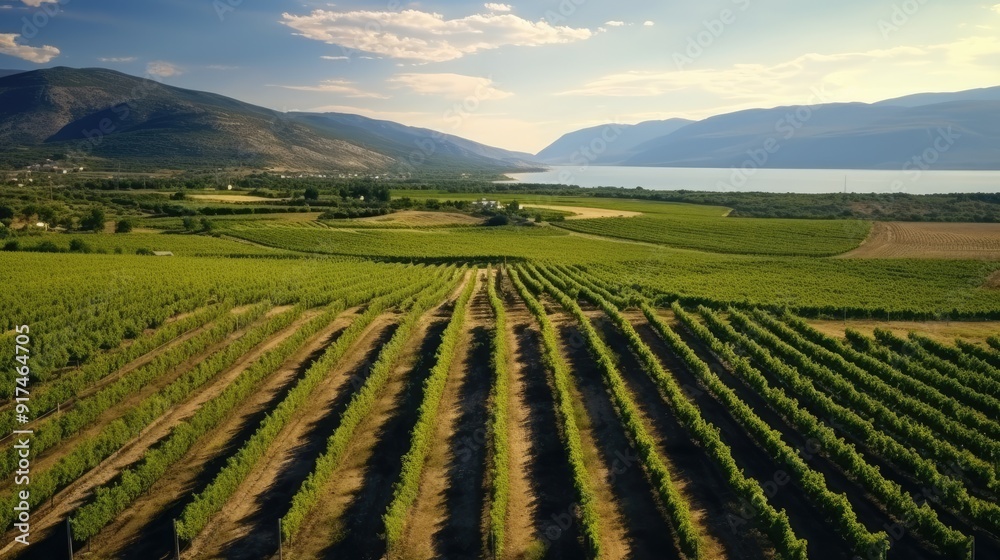 Agricultural landscape with green fields, tree, and blue sky.