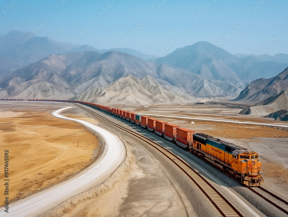 A train is traveling down a track in a desert. The train is orange and is carrying a lot of cargo. The desert landscape is barren and dry, with no vegetation in sight A train is traveling down a track in a desert. The train is orange and is carrying a lot of cargo. The desert landscape is barren and dry, with no vegetation in sight