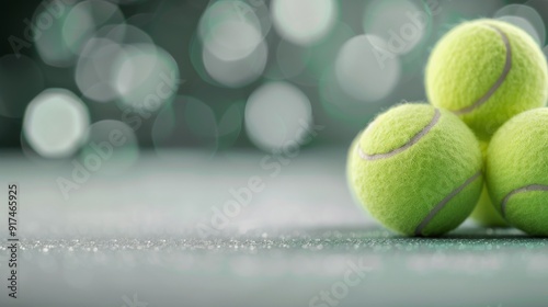 Close-Up of Green Tennis Balls on Court Surface With Bokeh Background