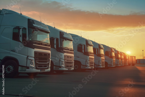 Cargo trailer trucks ready on parking lot in morning. Logistics and goods transport concept. Generative AI