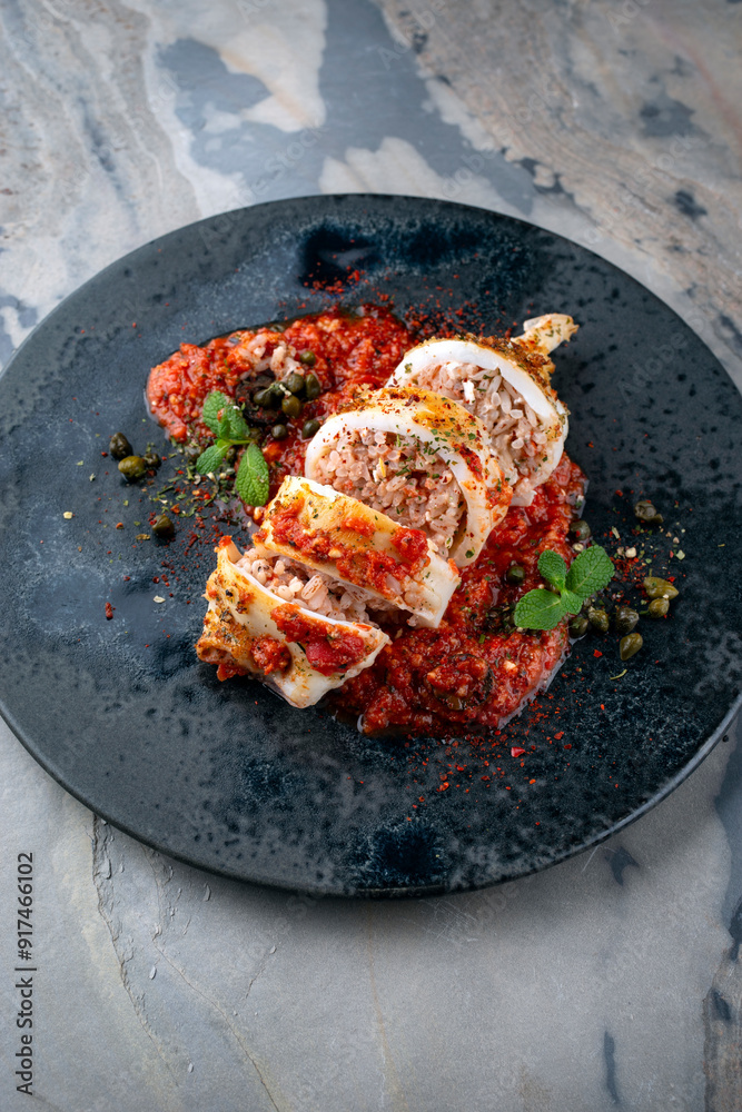 Fried calamari tubes stuffed with rice in salsiccia mince tomato sauce served as close-up on a design plate with copy space Fried calamari tubes stuffed with rice in salsiccia mince tomato sauce served as close-up on a design plate with copy space