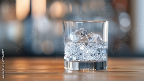Refreshing Glass of Water With Ice Cubes on Wooden Bar Counter