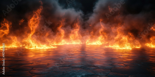 An intense scene of roaring flames and billowing smoke spreading across a cracked, reflective floor, creating a dramatic and fiery atmosphere in a dark, empty space.