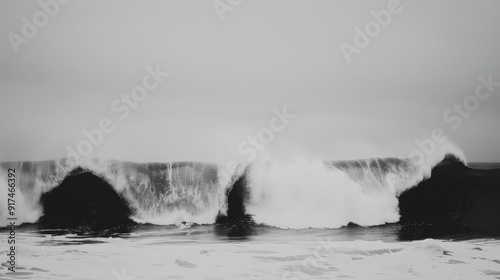 Powerful Waves Crash Against Rocky Shoreline During Stormy Weather