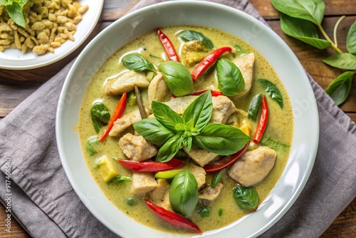 Top view of a flavorful Thai green curry with chicken, bell peppers, and basil on a white plate