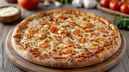 Freshly Baked Margherita Pizza on Wood Board With Tomatoes and Mushrooms in B...