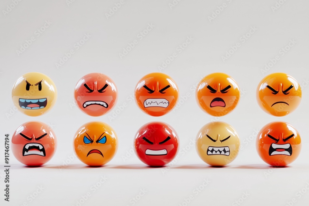 Set of Yellow Angry Unhappy Smiley Faces Emoji Emoticons Generative Illustration on Blank White Set of Yellow Angry Unhappy Smiley Faces Emoji Emoticons Generative Illustration on Blank White