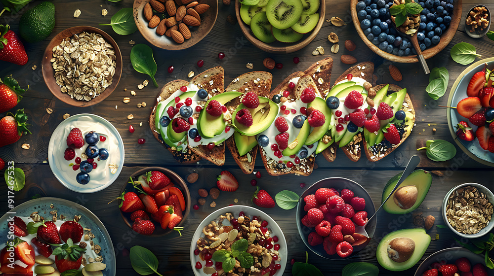 healthy food table top view featuring avocado toast, fresh fruits like strawberries and blueberries, bowls of yogurt with granola and nuts, directly above view, all arranged on a rustic wooden table. healthy food table top view featuring avocado toast, fresh fruits like strawberries and blueberries, bowls of yogurt with granola and nuts, directly above view, all arranged on a rustic wooden table.