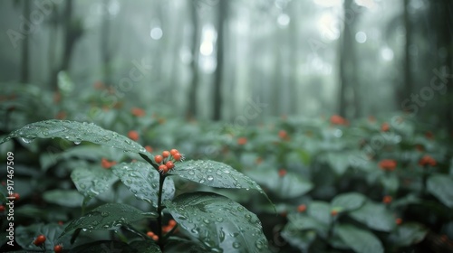 Vibrant Red Berries on Lush Green Foliage in a Misty Forest at Dawn