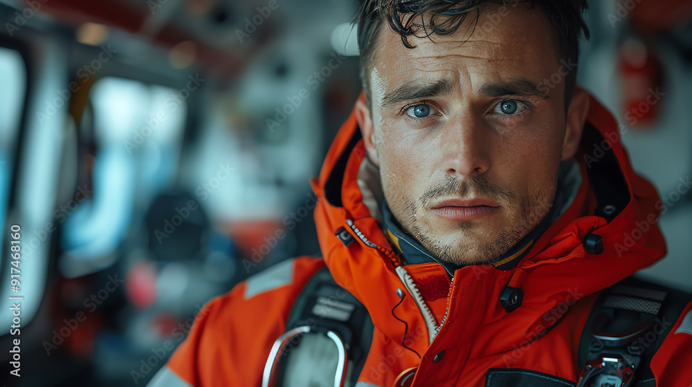 Paramedic in an ambulance, serious expression, patient in the background, intense and focused atmosphere