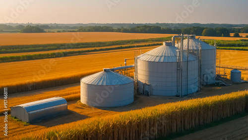 Agricultural storage and drying tanks for grain wheat field summer