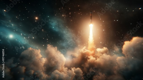 Rocket Launching Into Space Through Nebulous Clouds Near Stars