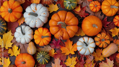 Colorful Fall Pumpkins and Leaves Displayed Together on a Dark Surface