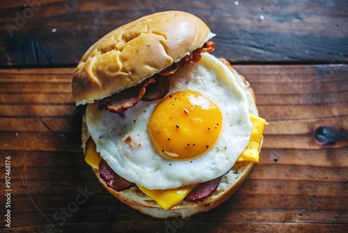 Top view of a savory breakfast sandwich with egg, cheese, and bacon on a toasted bun