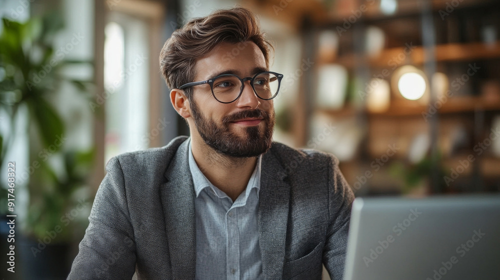 Fototapeta premium A man wearing glasses and a gray jacket is sitting at a desk with a laptop