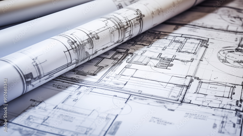 Rolled Blueprints On A Detailed Architectural Drawing Featuring A Floor Plan And Technical Sketches Rolled Blueprints On A Detailed Architectural Drawing Featuring A Floor Plan And Technical Sketches