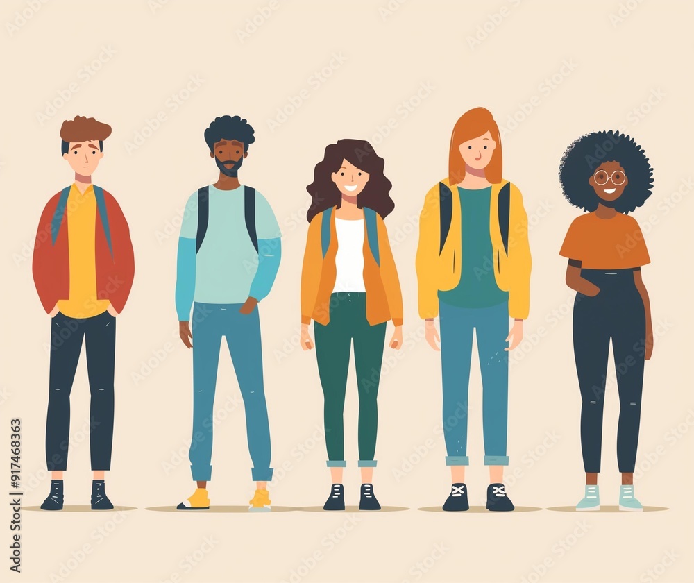 Obraz premium Diverse Group of Students Illustration - Educational and Social Use Cases
