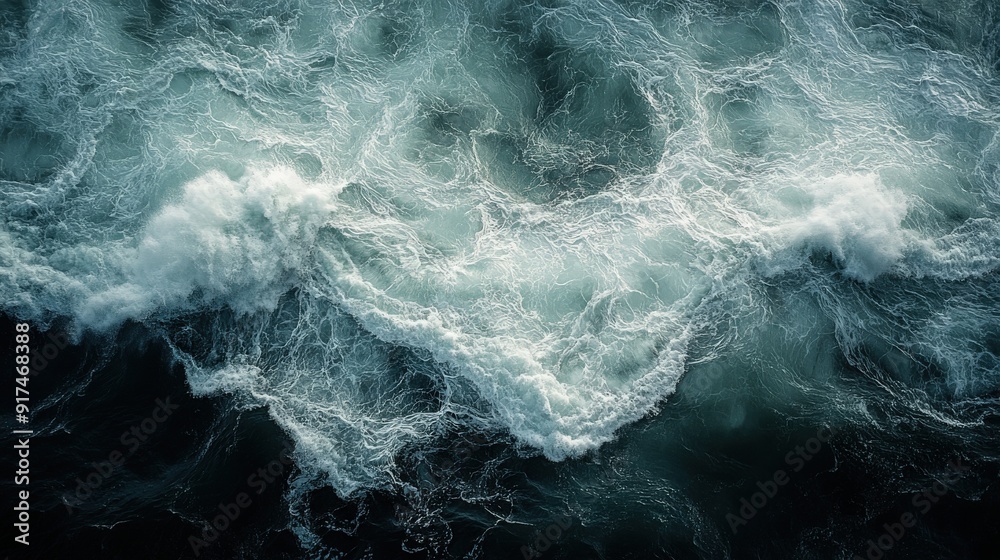 Direct overhead view of the Pacific Ocean, capturing the turbulent waves with intricate textures and powerful motion Direct overhead view of the Pacific Ocean, capturing the turbulent waves with intricate textures and powerful motion