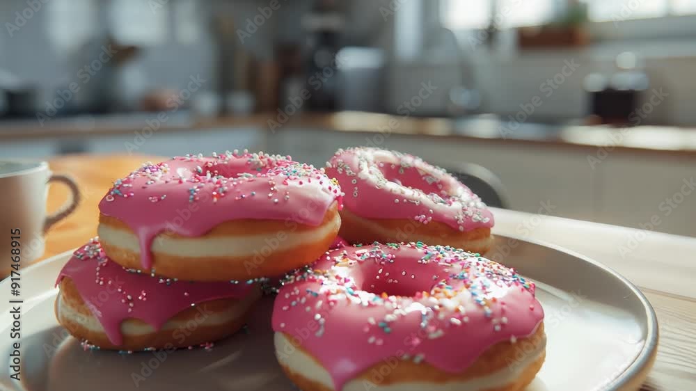 Sweet pink icing with rainbow sprinkles on a plate of delicious donuts.