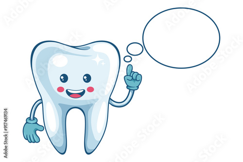 Cartoon of thinking tooth with a comic dialogue cloud. Prevention, diagnosis and treatment of tooth and gum diseases. Dental hygiene and oral care. Tooth decay prevention. Health and medicine concept