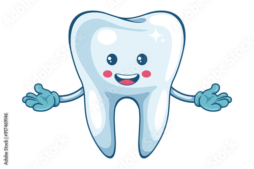 Cartoon of a tooth character. Prevention, diagnosis and treatment of tooth and gum diseases. Dental hygiene and oral care. Tooth decay prevention. Health and medicine concept