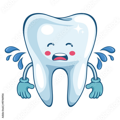 Cartoon of a tooth crying because it is sick. Prevention, diagnosis and treatment of tooth and gum diseases. Dental hygiene and oral care. Tooth decay prevention. Health and medicine concept