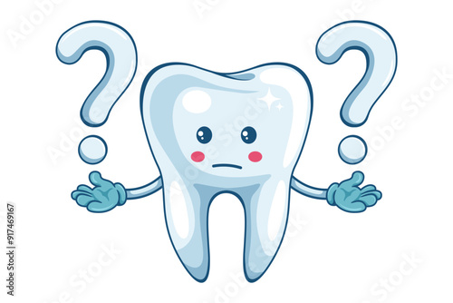 Tooth cartoon expressing doubt with a question mark. Question mark for FAQ concept. Prevention, diagnosis and treatment of tooth and gum diseases. Dental hygiene and oral care. Tooth decay prevention