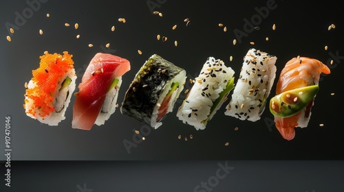 Horizontal banner sushi set floating in air on black background. Creative menu banner, restaurant ad. Assortment of sushi rolls, sauces. California, Philadelphia rolls, ingredients, Japanese photo