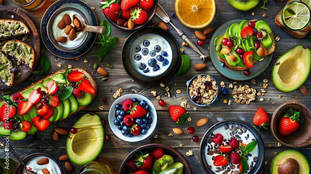 healthy food table top view featuring avocado toast, fresh fruits like strawberries and blueberries, bowls of yogurt with granola and nuts, directly above view, all arranged on a rustic wooden table. healthy food table top view featuring avocado toast, fresh fruits like strawberries and blueberries, bowls of yogurt with granola and nuts, directly above view, all arranged on a rustic wooden table.