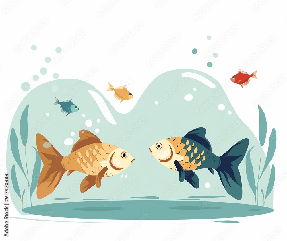 Naklejka premium Colorful Fish in an Illustrated Aquarium with Plants and Bubbles