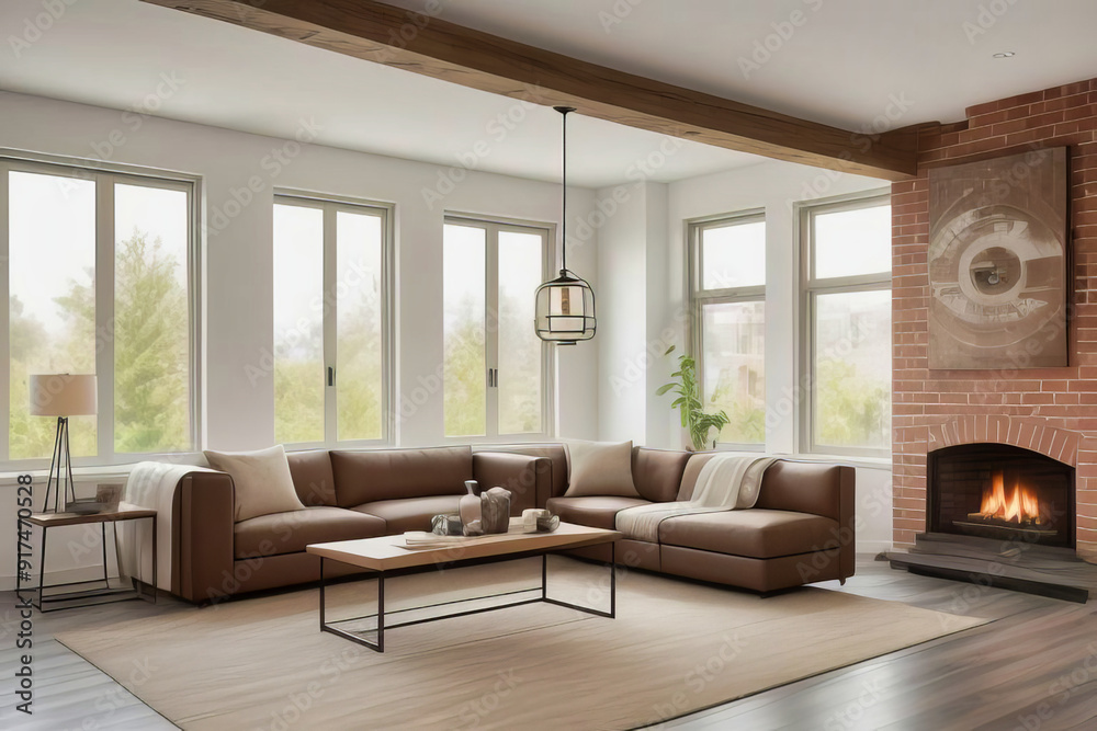 Fototapeta premium Diseño interior de hogar moderno de living con detalles en ladrillo y madera, colores claros