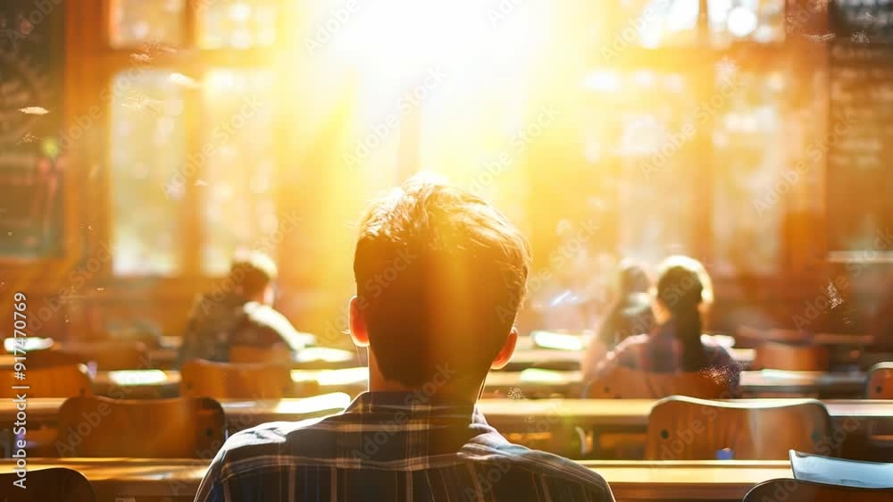 A student in a study room reading with bright sunlight shining through windows.