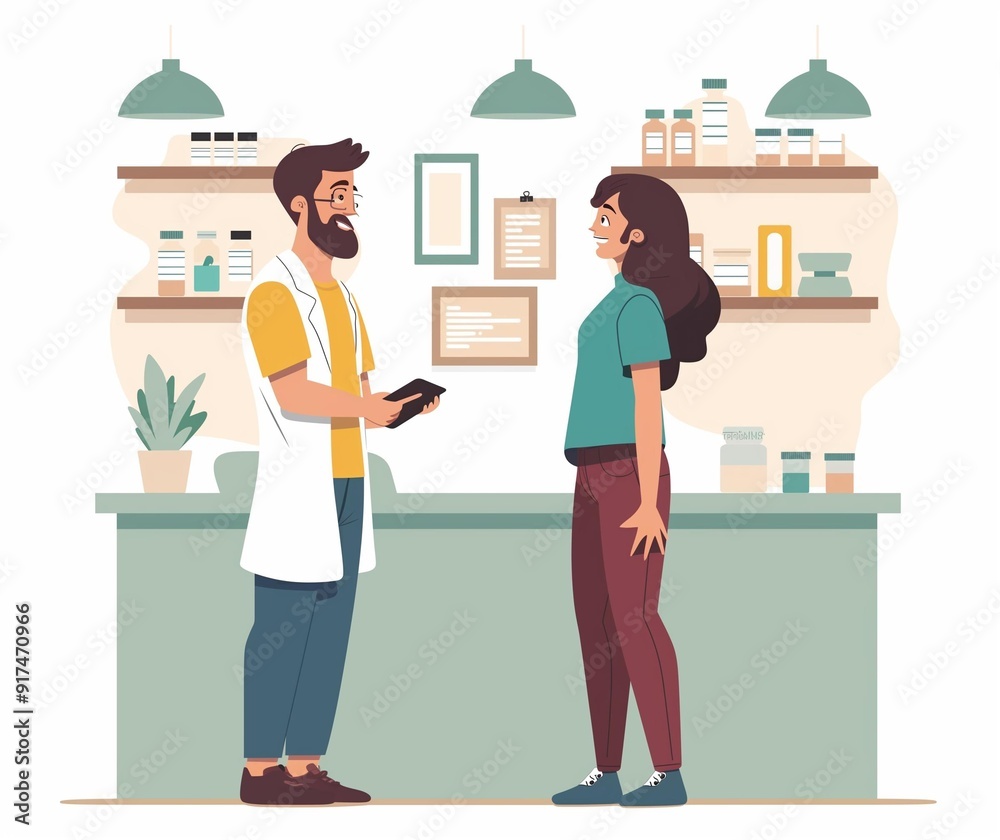 Pharmacist Consultation Illustration, Friendly Encounter at Pharmacy Counter with Shelves of Medicine and a Smiling Woman. Pharmacist Consultation Illustration, Friendly Encounter at Pharmacy Counter with Shelves of Medicine and a Smiling Woman.