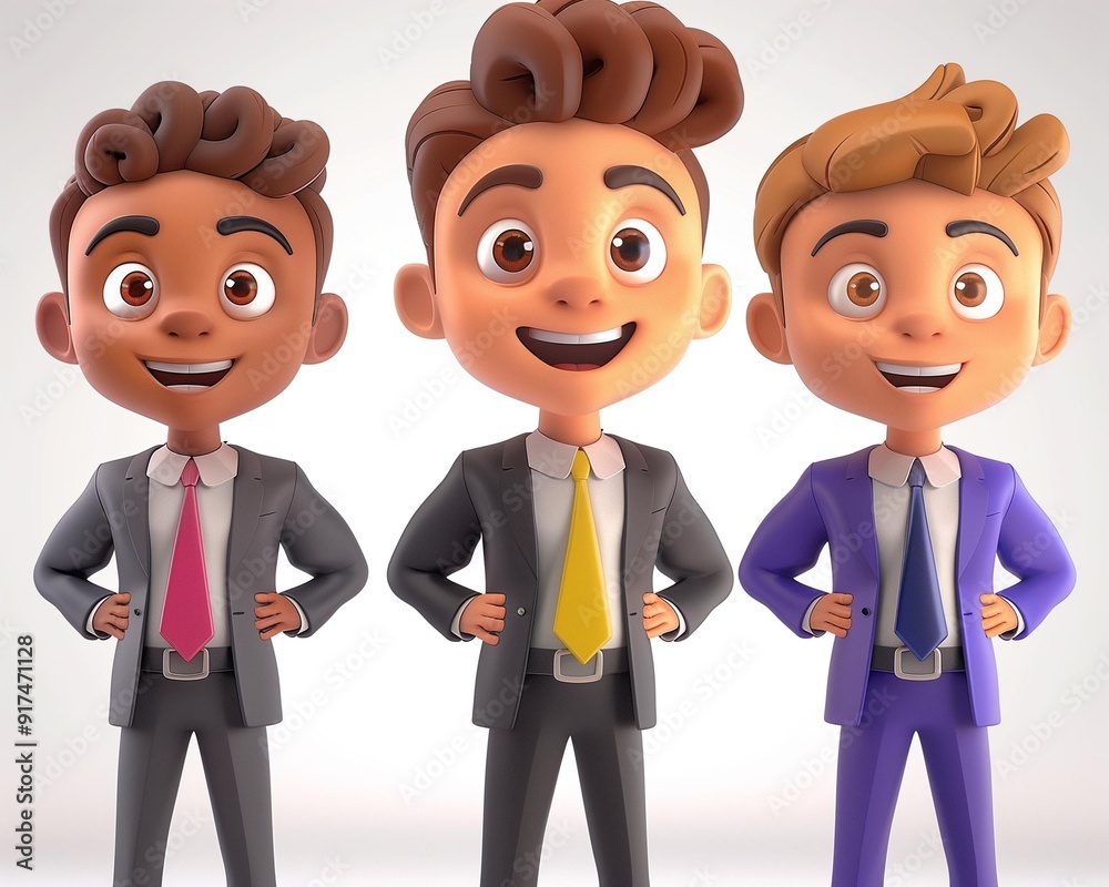 Naklejka premium 3D Illustration of Three Young Happy Businessmen in Colorful Suits on White Background, Smiling Confidently.