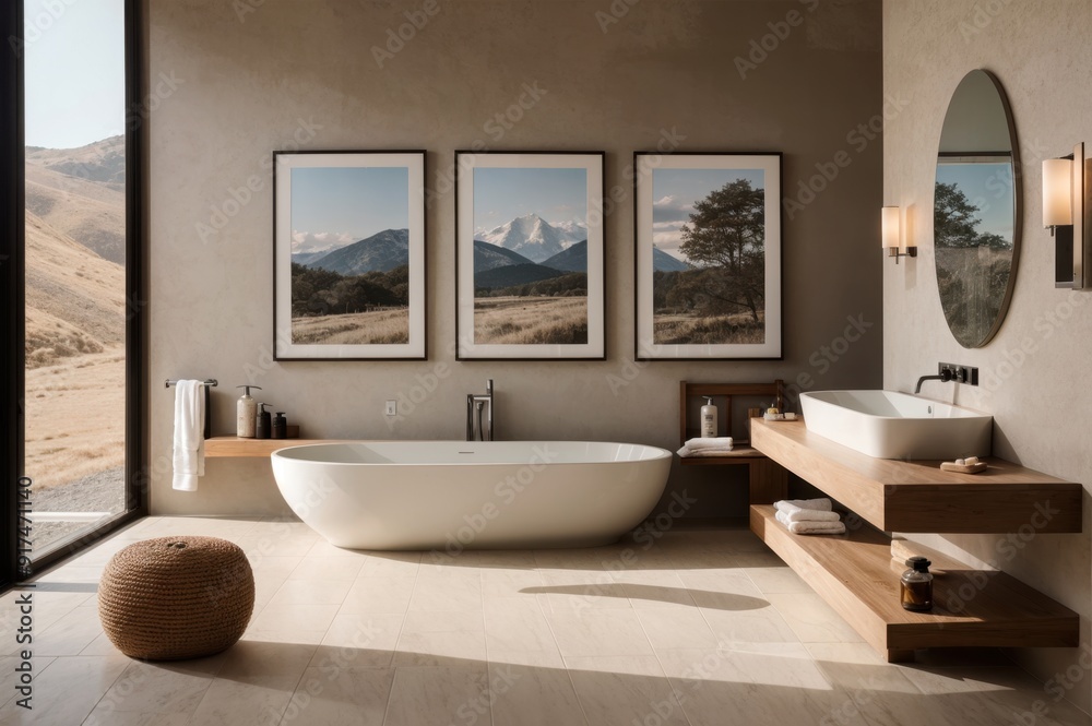 Calm Bath Sanctuary, Modern Tub, Scenic Nature Scene Calm Bath Sanctuary, Modern Tub, Scenic Nature Scene