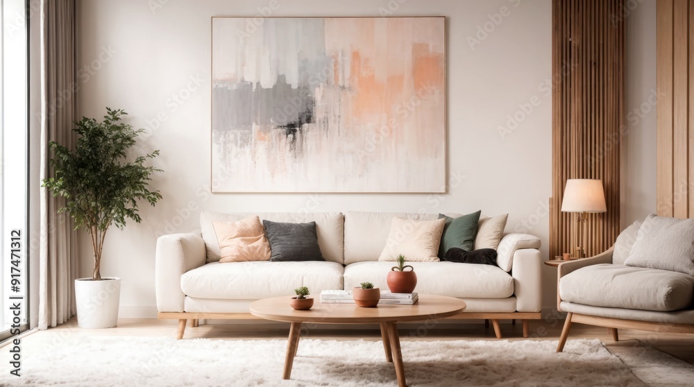 Fototapeta premium Calm relaxation space with plush couch, contemporary art, and cozy lighting