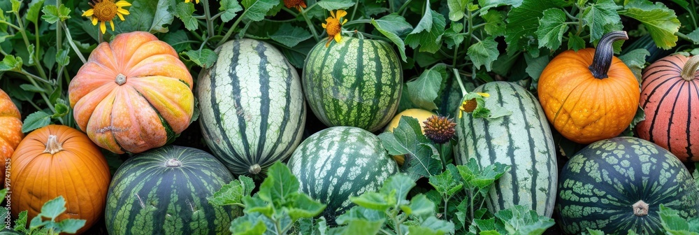 Assorted organic fruits and vegetables cultivated in urban gardens watermelon cantaloupe pumpkin etc